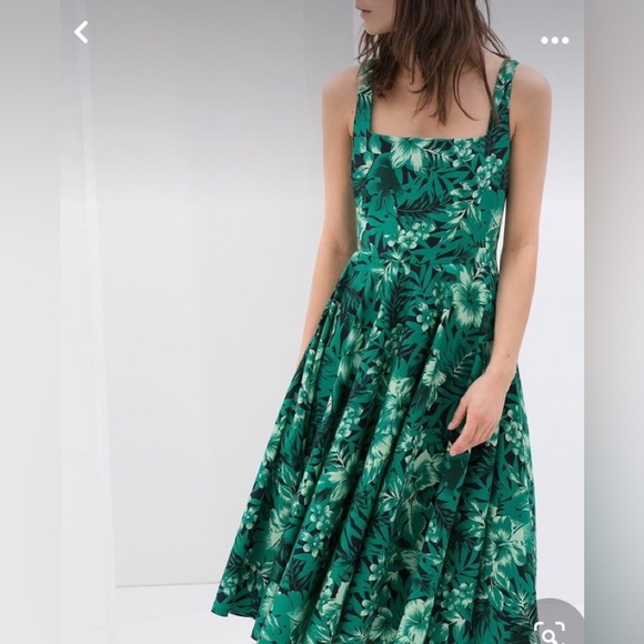 Zara Woman Green Tropical Fit and Flare Dress Size Medium  Palm Hawaiian - Picture 3 of 11